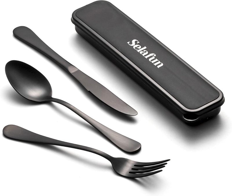 Selafun 4-pieces Travel Set with Case Portable Silverware Utensils Set for work, Stainless Steel Reusable Flatware Set Cutlery Set for Camping Picnic Hiking Office (8inch, Matte Black) - Image 1